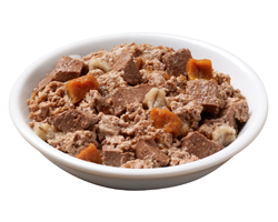 Chef Michael’s® Canine Creations Pork Tenderloin Flavor and carrot & barley garnishes in meaty juices bowl
